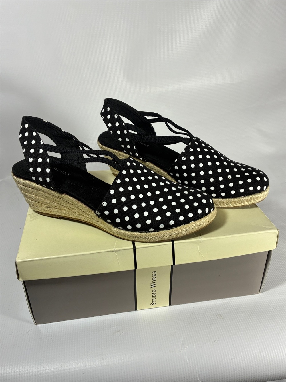 Studio Works Black and White Polka Dot Espadrille Wedge Slingbacks